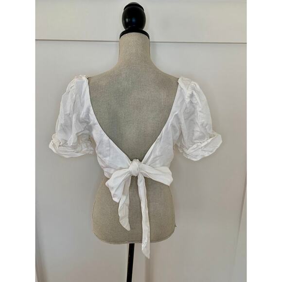 Show Me Your Mumu Fiona Top in White Linen Large Tie Front Puff Sleeve Summer